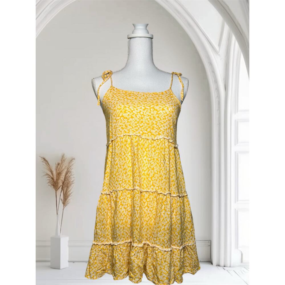 SHEIN Yellow Floral Mini Dress Sundress Tiered Ruffles Tie Straps-Size S